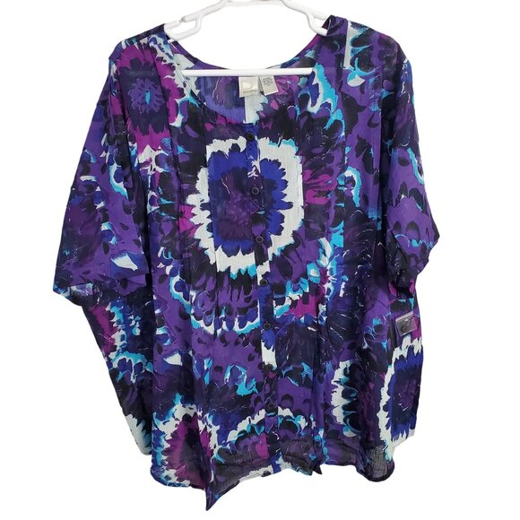Roamans NWOT Sz 5X Tunic Button Blouse Floral Print Gauzy Crinkle Cotton Purple - Picture 2 of 12